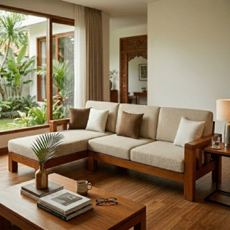 Modern Solid Teak Wood L Shape Sectional Sofa Set Upholstered Corner Living Room Lounge Furniture