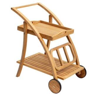 Modern Teak Wood Outdoor Serving Cart Mobile Beverage Trolley with Wheels and Tray