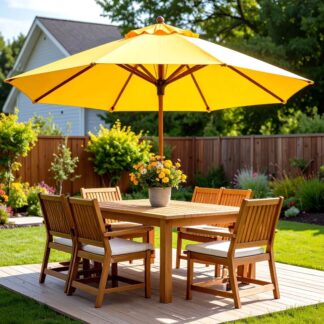 Premium Teak Wood Outdoor Dining Set with Yellow Market Umbrella
