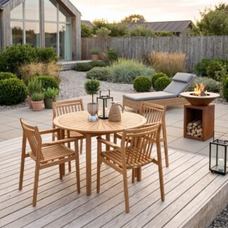 Round Patio Table Set Made of Teak Wood with 4 Armchairs