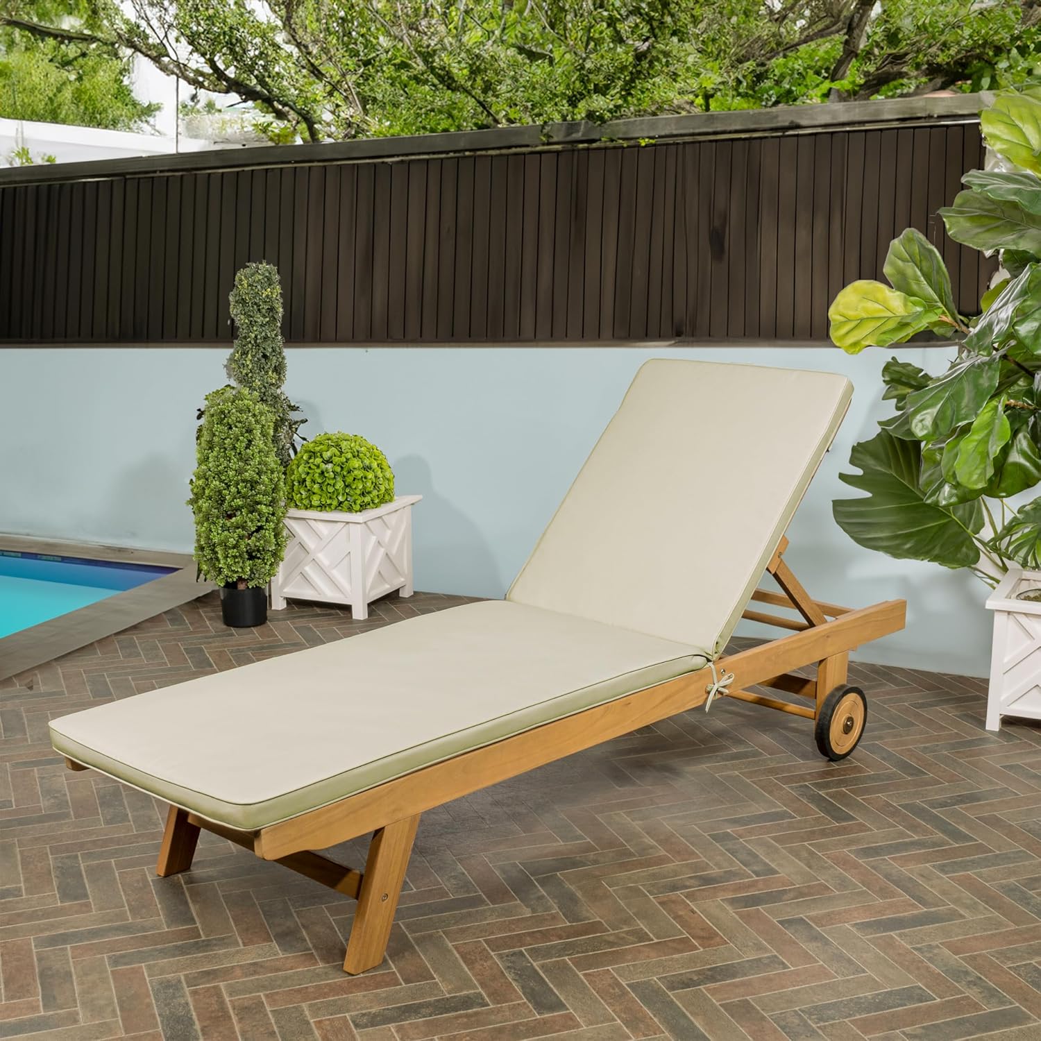 Premium Solid Teak Outdoor Sun Lounger with Cushion and Wheels_A
