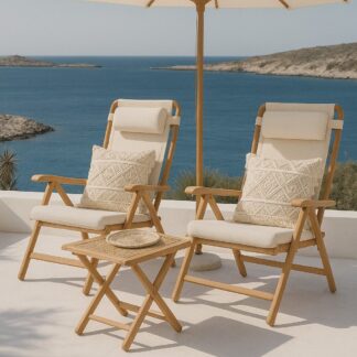 Reclining Teak Deck Chair Set with Side Table