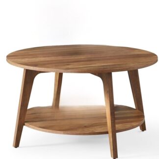 Solid Teak Wood Round Coffee Table with Storage Shelf Contemporary Living Room Furniture  Terjemahan: