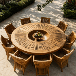 High End Sunburst Design Teak Wood Round Table Set Patio Gathering Furniture