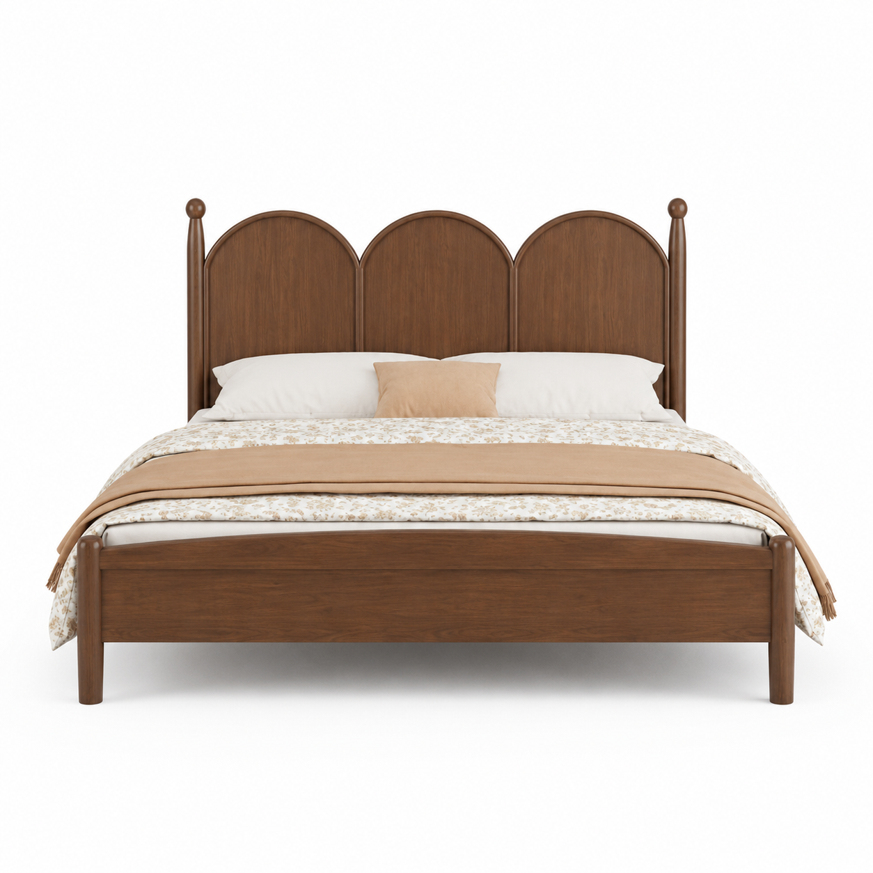 French Provincial Teak Wood Bed Frame with Triple Arched Headboard