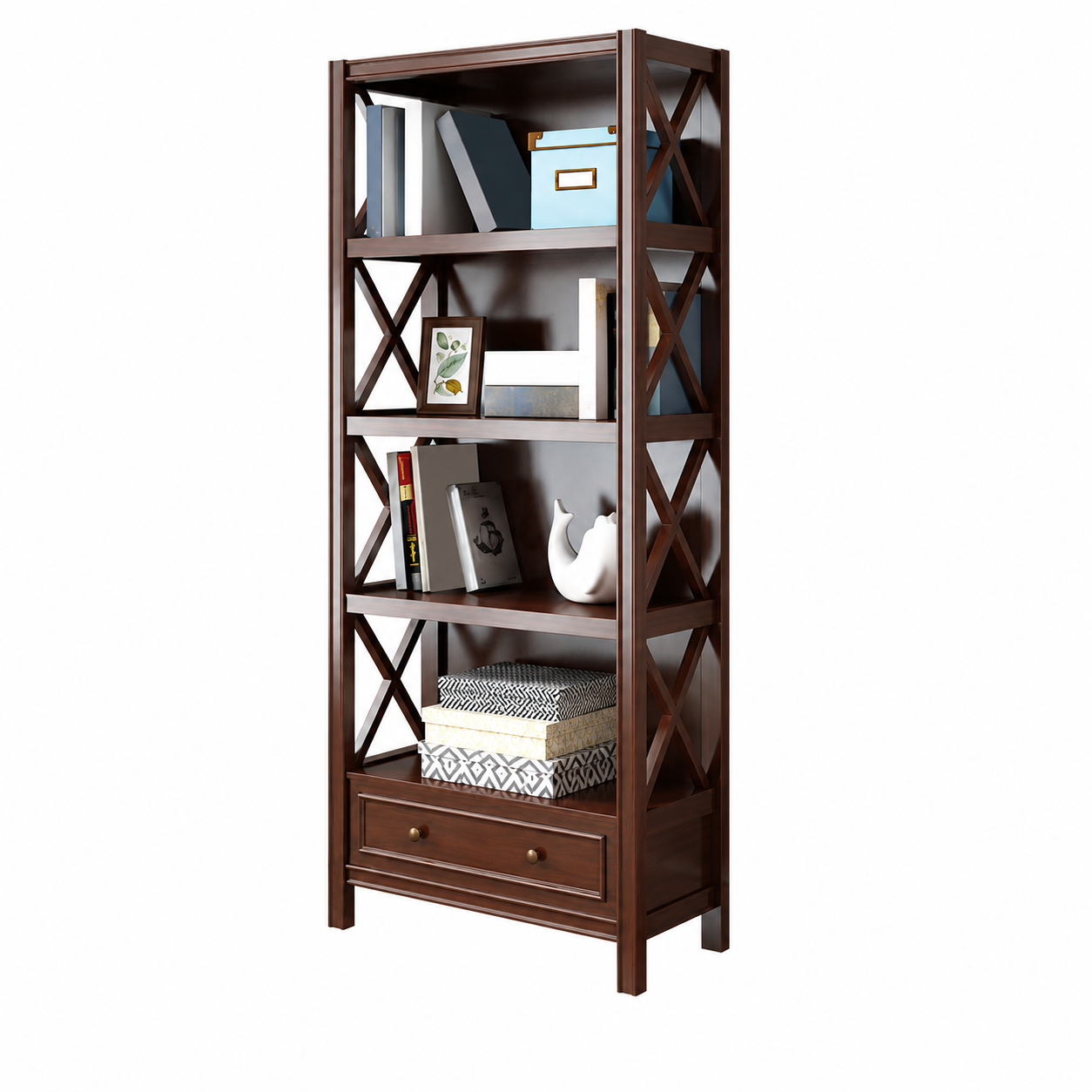 Mission Style Teak Wood Bookshelf with X Shaped Side Brace Panel