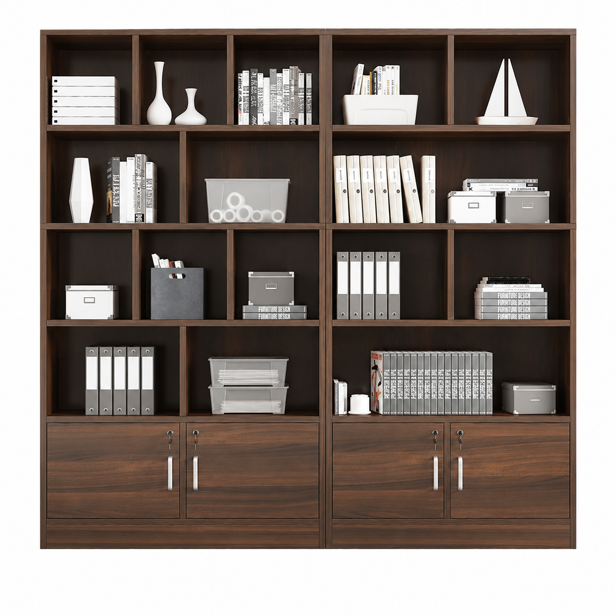 Modular Teak Wood Office Bookcase with Secure Locking Lower Cabinet Doors
