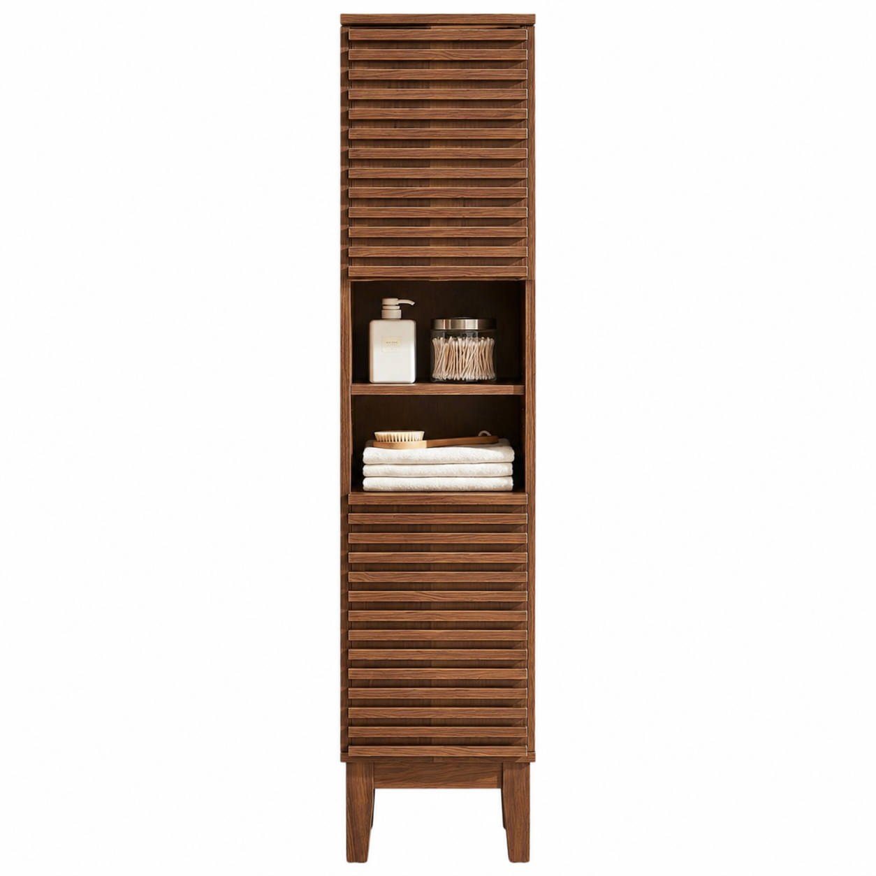 Mid Century Teak Wood Tall Storage Tower with Horizontal Slatted Doors