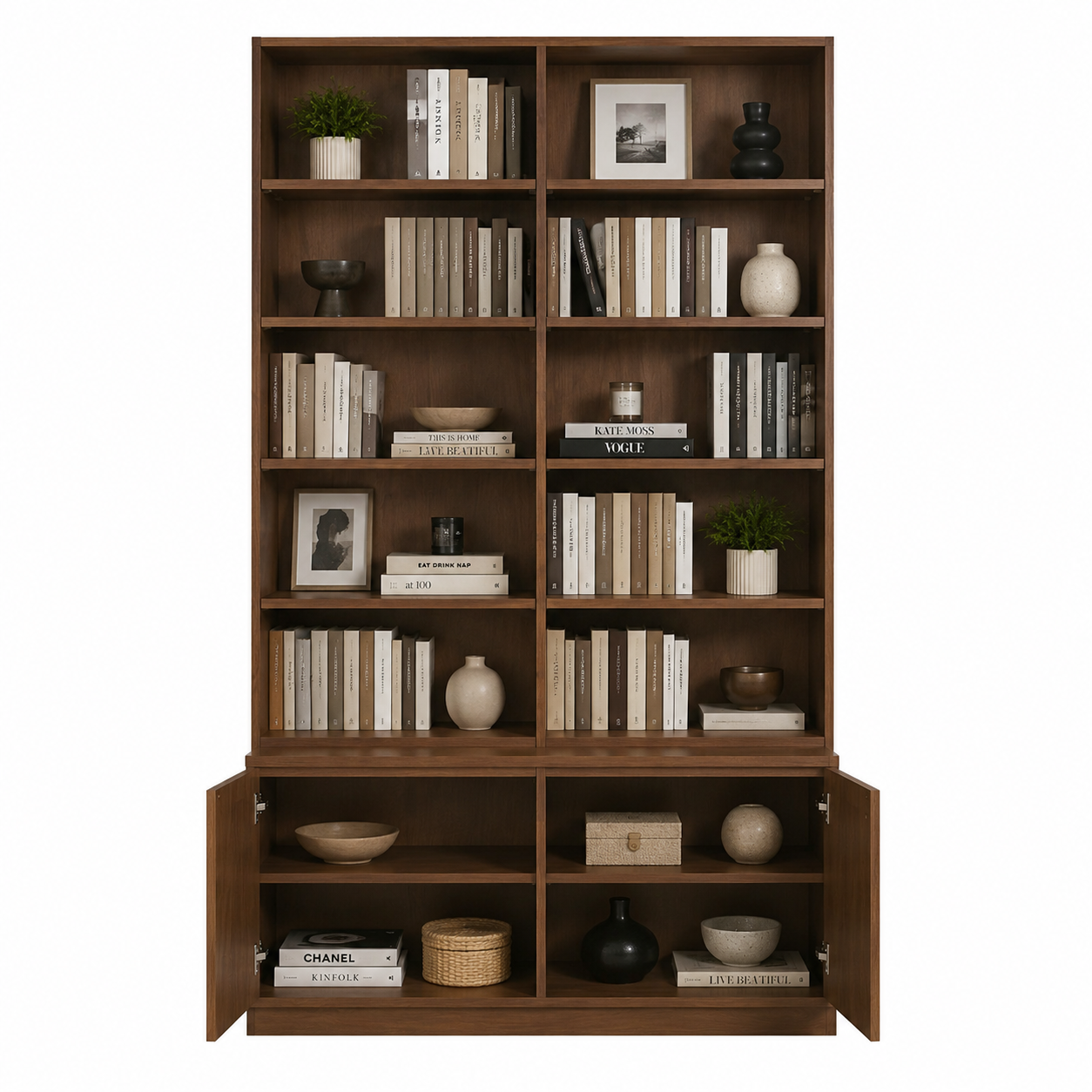 Double Column Teak Wood Bookcase Large Office Storage Shelf with Doors