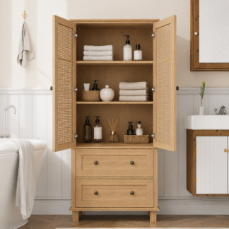 Premium Boho Teak Wood Bathroom Linen Cupboard Tall Freestanding Toiletries Hutch
