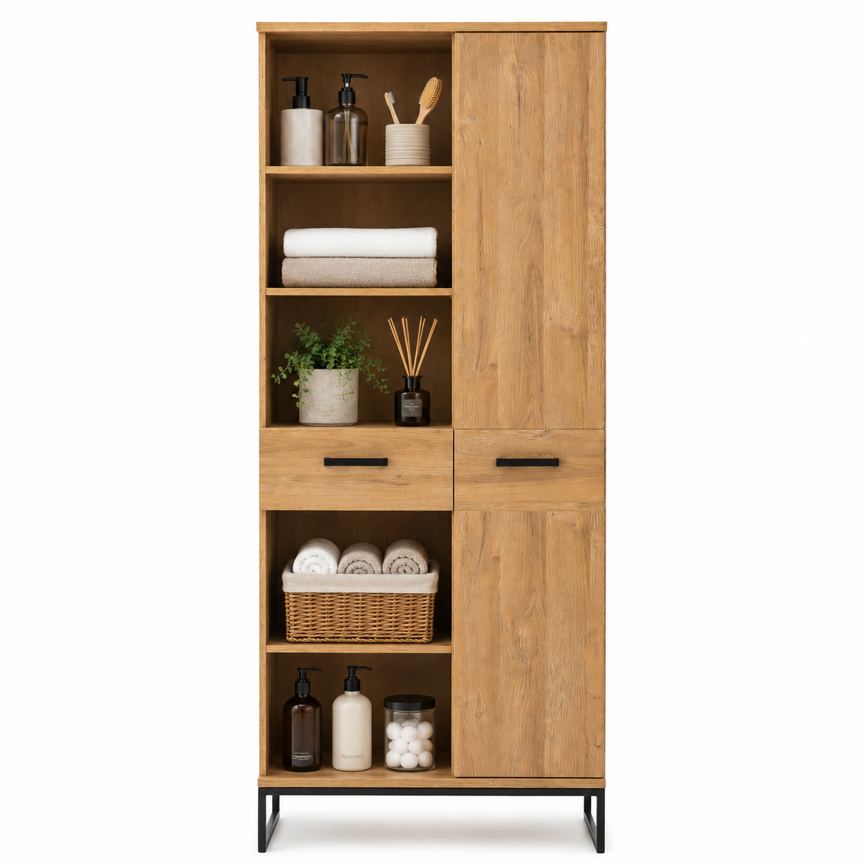 Industrial Teak Wood Bathroom Cabinet Tall Open Shelf Towel Storage Tower