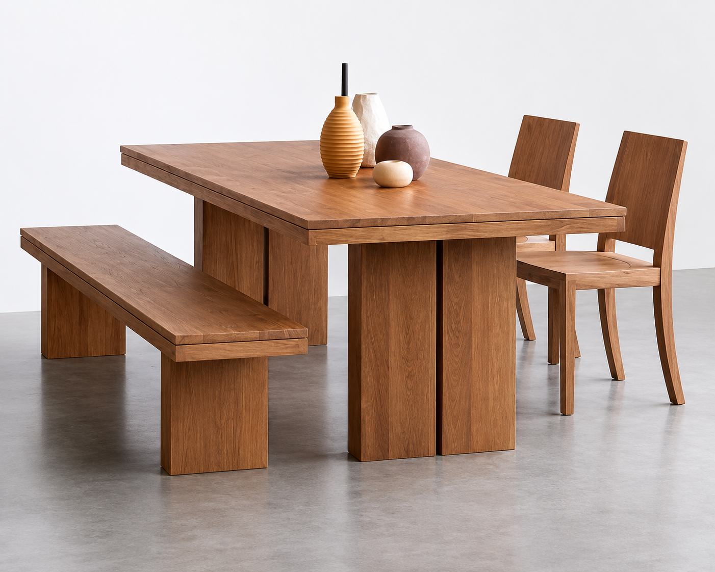 Premium Japandi Teak Wood Dining Table Set Modern Block Frame Furniture