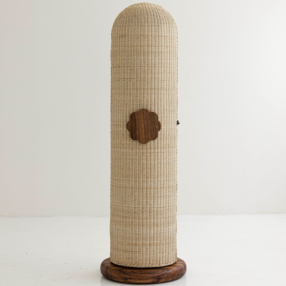 Multifunctional Teak Wood Cabinet Concealed Dressing Mirror Rattan Weave Standing Wardrobe