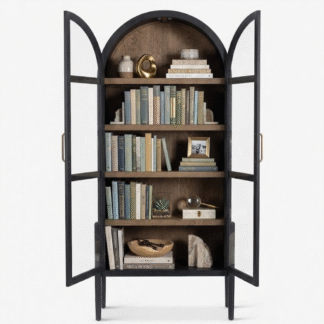 Arched Teak Wood Cabinet Luxury Glass Door Bookcase Multi Tier Living Room Storage Display Shelves