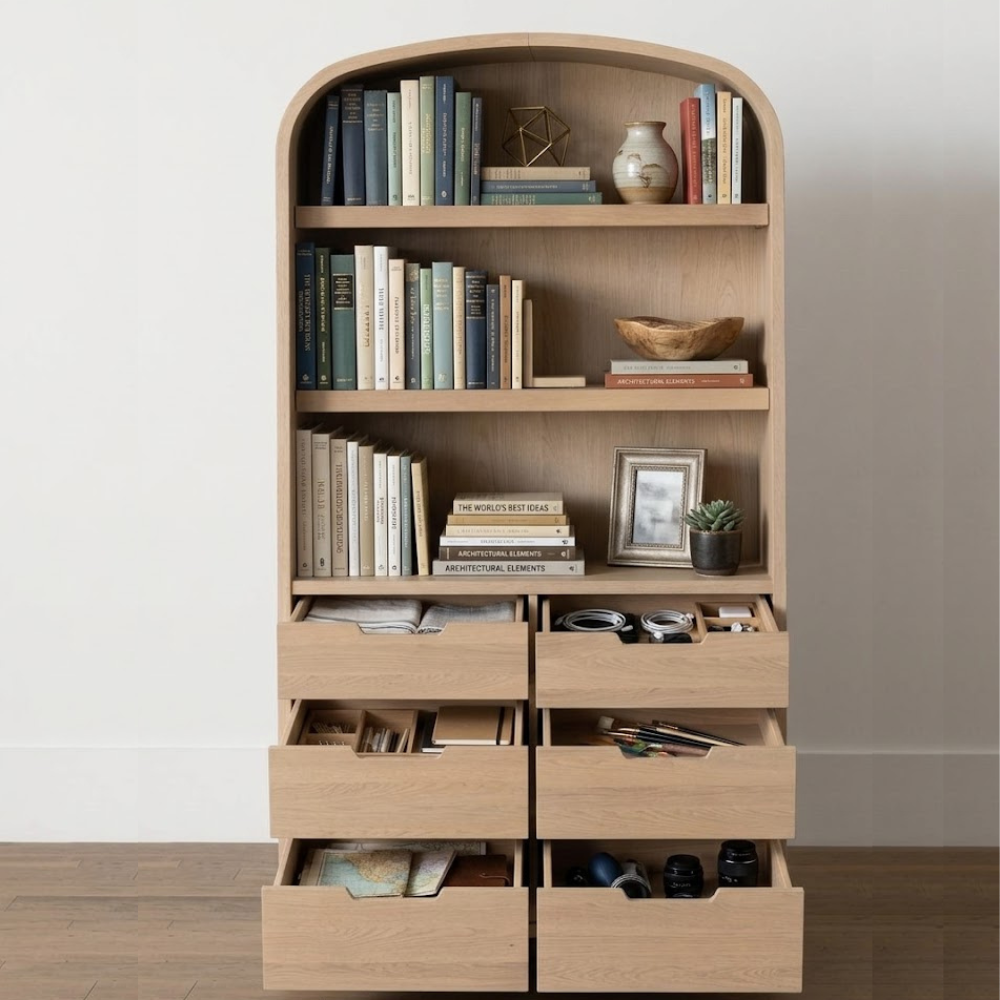 Premium Solid Teak Wood Cabinet Combo Drawer Chest Decorative Arch Shape Library Bookshelf