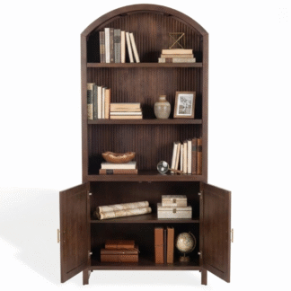 Luxury Dark Finish Teak Wood Cabinet Ribbed Backing Open Shelf Bookcase Accent Display Unit