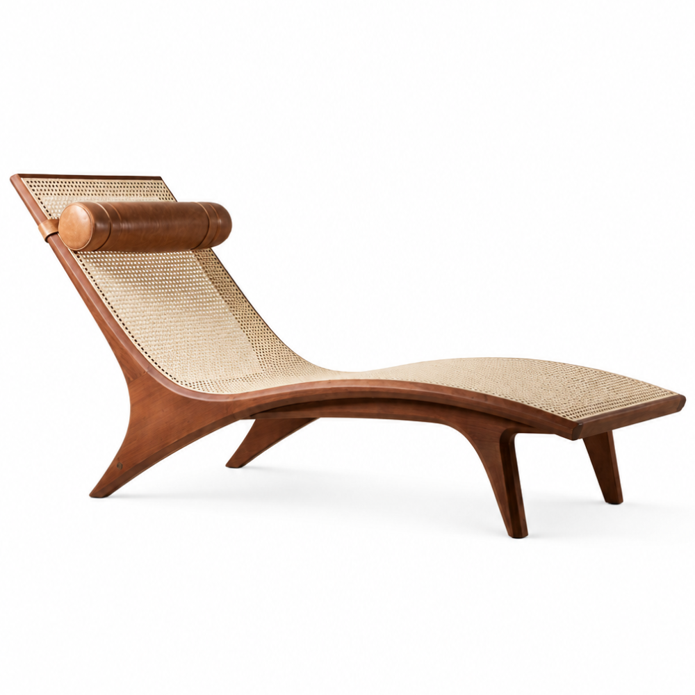 Artisanal Wave Silhouette Teak Wood Chaise Lounge Elegant Rattan Bed with Cylinder Cushion