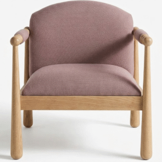 Artisanal Round Back Teak Wood Armchair Luxury Mauve Fabric Reception Lounge Seat