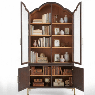 Premium Arched Teak Wood Bookshelf Glass Door Display Hutch Cabinet