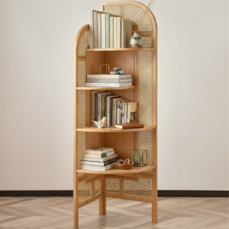 Aesthetic Light Tone Teak Wood Bookcase Rattan Corner Stand
