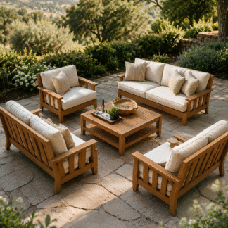 Deep Seating Teak Wood Patio Sofa Group Square Central Coffee Table Combo