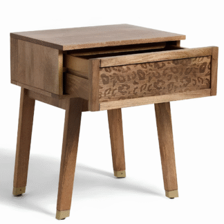 Leopard Pattern Teak Wood Nightstand One Drawer Brass Cap Bedside Table