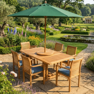 High End Six Chair Teak Wood Garden Table Set Parasol Patio Furniture