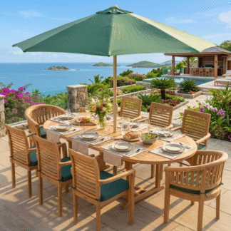 Oval Teak Wood Dining Table Set Garden Bench with Umbrella Hole