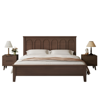Mid Century Teak Wood Bed Frame with Embossed Arch Panel Headboard