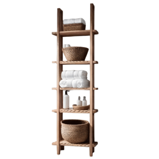 Rustic Teak Wood Bathroom Storage Rack with Multi Tier Slatted Shelves