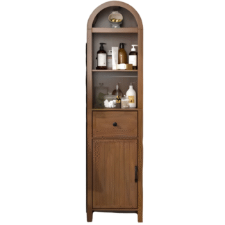 Transitional Teak Wood Narrow Storage Unit with Minimalist Round Pull Knob