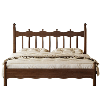 Vintage Cottage Teak Wood Bed Frame with Spindle Arched Headboard