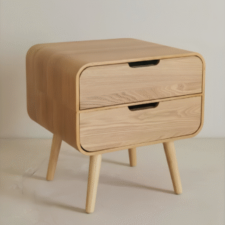 Curved Teak Wood Nightstand 2 Drawer Bedside Table with Tapered Legs