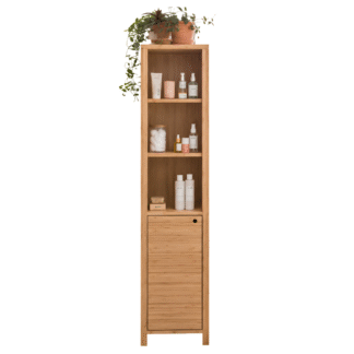 Elegant Slatted Teak Wood Bathroom Cabinet Tall Narrow Towel Shelf with Door