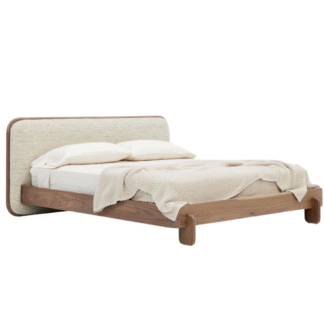 Mid Century Teak Wood Bed Frame Fabric Upholstered Headboard Platform Bed