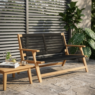 Modern Teak Wood Outdoor Bench with Woven Rope Seat and Backrest Patio