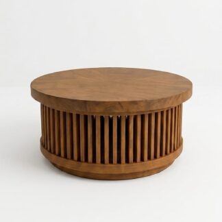 Round Teak Wood Coffee Table Modern Slatted Design Living Room Furniture