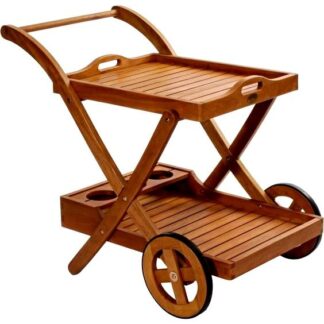 Solid Teak Wood Serving Cart Folding Bar Trolley Outdoor Beverage Cart Patio Garden Furniture