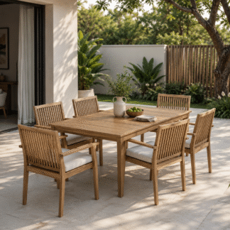 Outdoor Teak Wood Dining Set 6 Seater Patio Garden Table and Armchair Furniture with Cushions