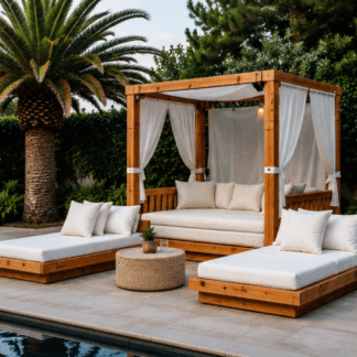 Custom Luxury Outdoor Solid Teak Wood Cabana Lounge Set with Sun Loungers for Resort, Hotel and Villa