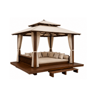 Modern Solid Wood Outdoor Garden Gazebo Daybed with Canopy Curtains for Luxury Villa Resort Patio Backyard Furniture
