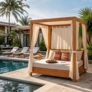 Modern Solid Wood Outdoor Canopy Daybed for Luxury Hotel Resort Villa Garden Lounge Furniture