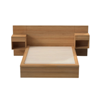Modern Solid Teak Wood Platform Bed Frame with Floating Nightstands Minimalist Hotel Apartment Bedroom Furniture