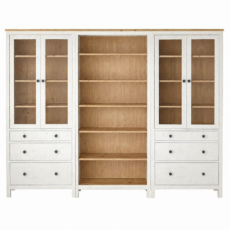 White Teak Wood Bookcase Set 3 Piece Modular Storage Library Cabinet with Glass Doors and Drawers