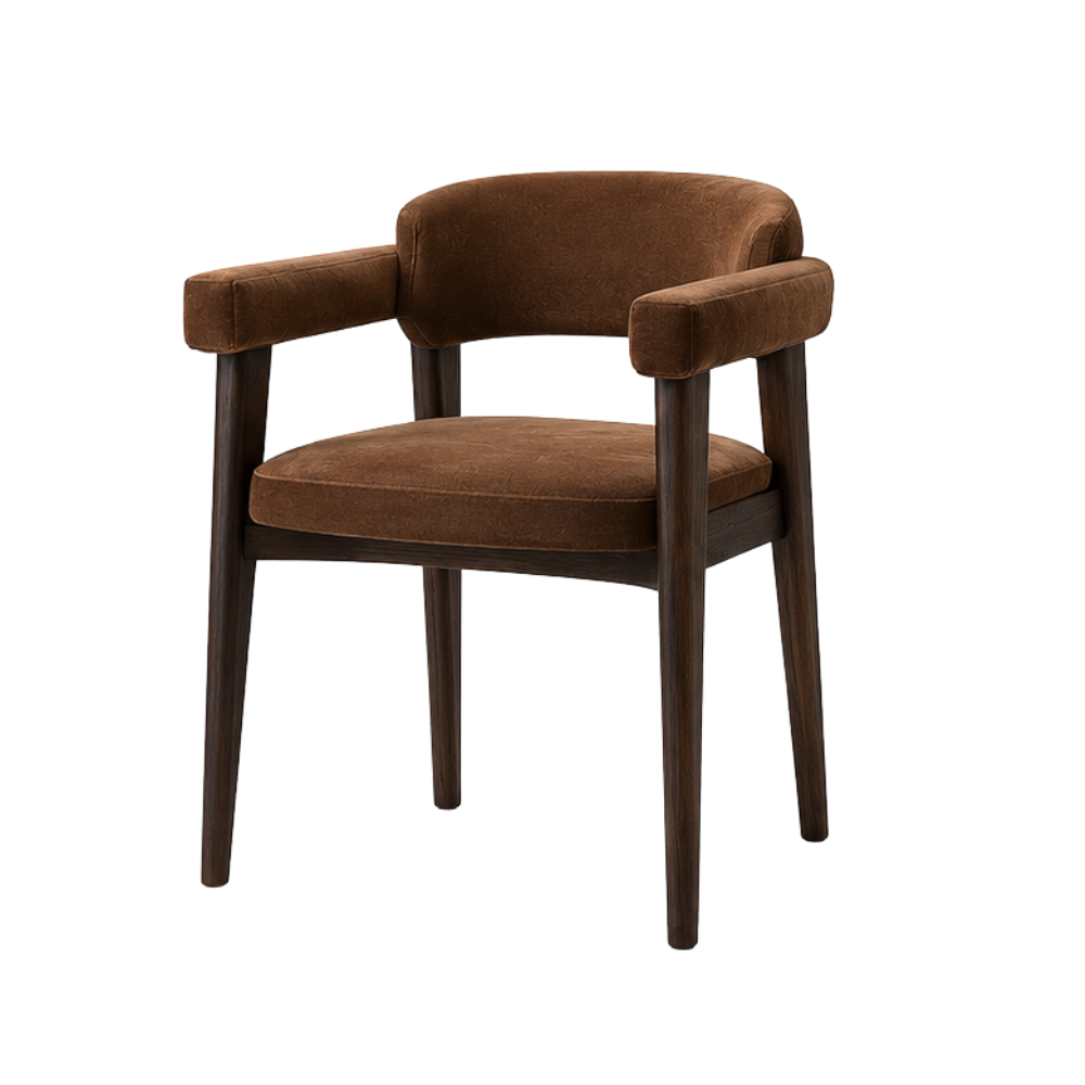 Modern Durable Walnut Wood Cafe Arm Chair with Brown Upholstered Seat Restaurant Dining Chair for Coffee Hotel