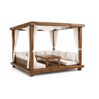Luxury Solid Wood Outdoor Gazebo Daybed with Curtains Garden Cabana for Villa Resort Patio Backyard Hotel Furniture Set