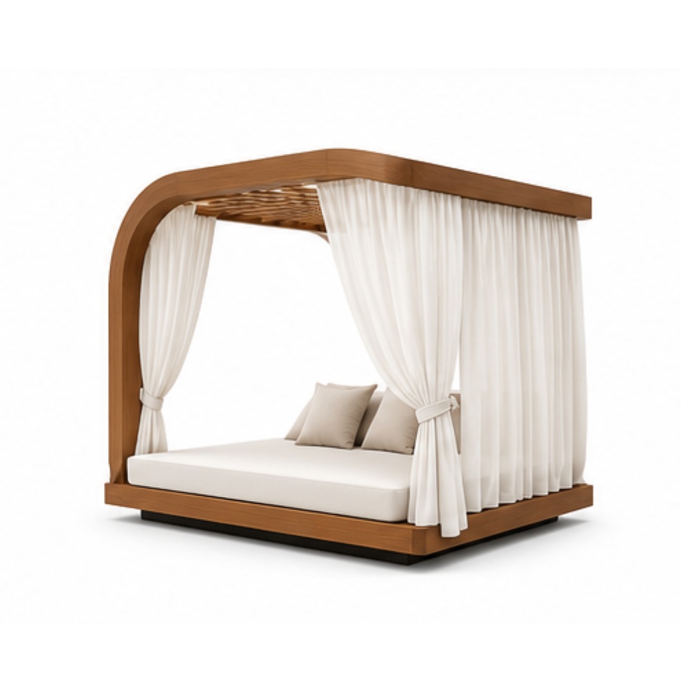 Modern Solid Wood Outdoor Garden Daybed Cabana with Privacy Curtains for Luxury Resort Villa Hotel Patio Poolside Furniture