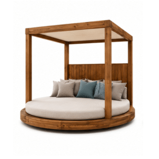 Luxury Round Outdoor Daybed with Canopy Solid Wood Garden Lounge Bed for Hotel Resort Villa Patio Hospitality Furniture