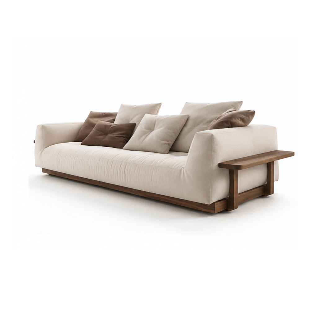 Modern Solid Teak Wood Upholstered Sofa with Wooden Arm Accent Luxury Living Room Sofa Hotel Villa Apartment Furniture