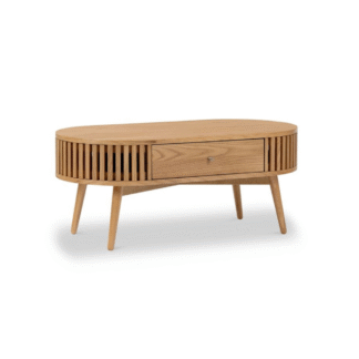 Modern Solid Teak Wood Oval Coffee Table with Storage Drawer for Living Room